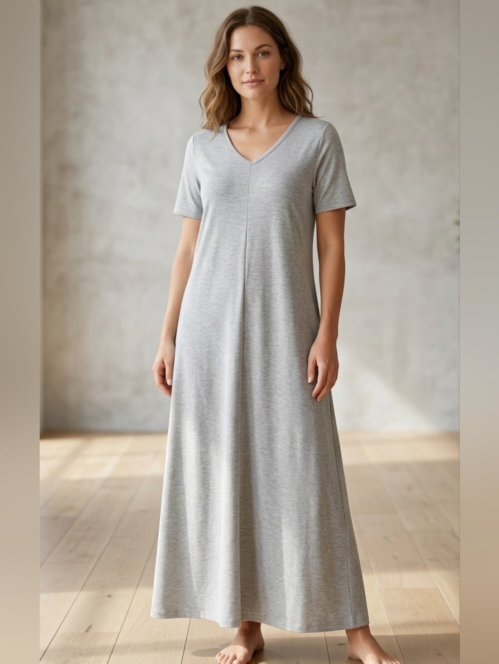 Minimalist Grey Heathered V-Neck Short Sleeve Lounge Maxi Dress with Pockets XL